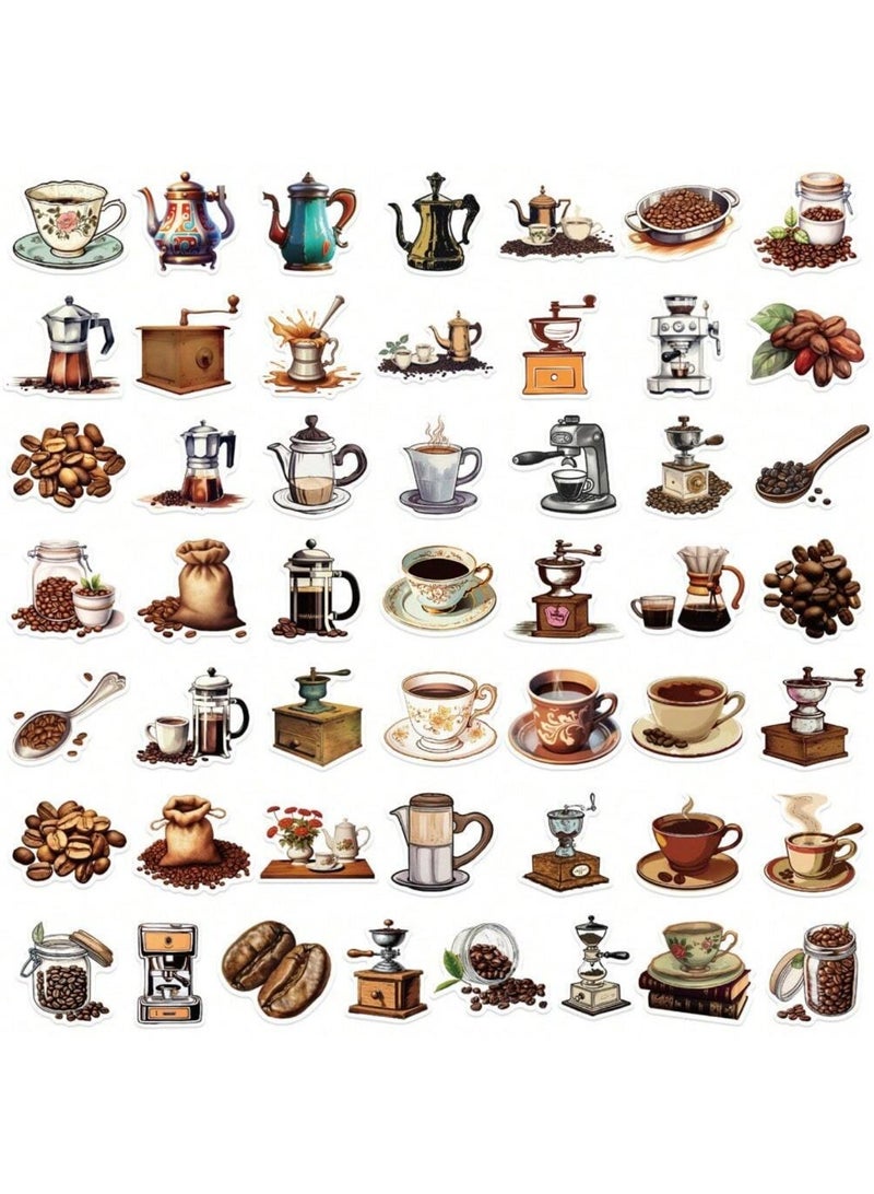 50 قطعة ملصقات قهوة مقاومة للماء، حزمة استكرات كرتونية لعشاق البن، ملصقات كوب القهوة وآلة الاسبريسو، استكرات لاصقة للحقائب والكراسات وزجاجات المياه، مجموعة ملصقات ديكور DIY للكمبيوتر والمحمول، ملصقات فينيل مقاومة للحرارة والماء، استكرات باريستا وتصاميم أكواب قهوة لطيفة، ملصقات تزيين أدوات القهوة المختصة، حزمة ملصقات فنية متنوعة للدفاتر والمطارات، هدايا لعشاق القهوة، ملصقات جدارية صغيرة وقابلة للإزالة، ديكور ركن القهوة المنزلي. - Image 3